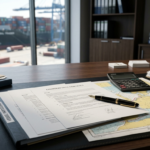 Maritime contract documents with nautical chart and shipping business setting