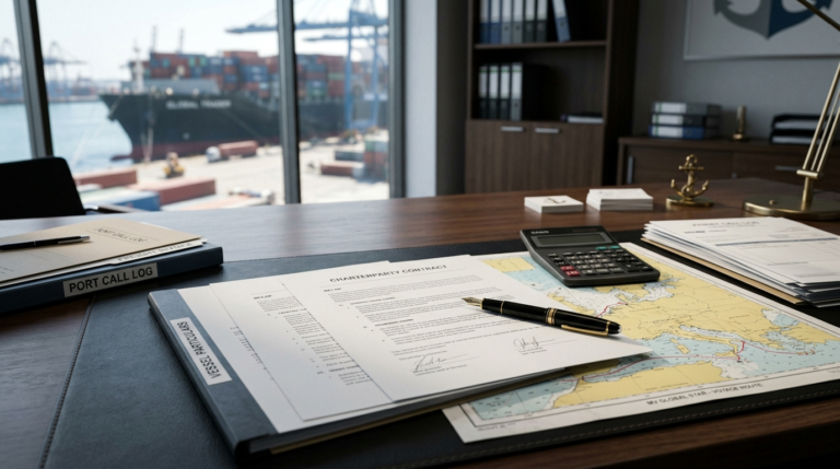 Maritime contract documents with nautical chart and shipping business setting