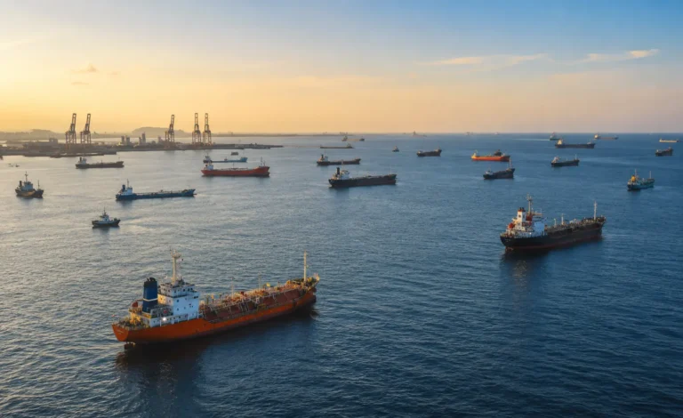 Commercial ships waiting offshore before controlled passage through a high-risk maritime corridor