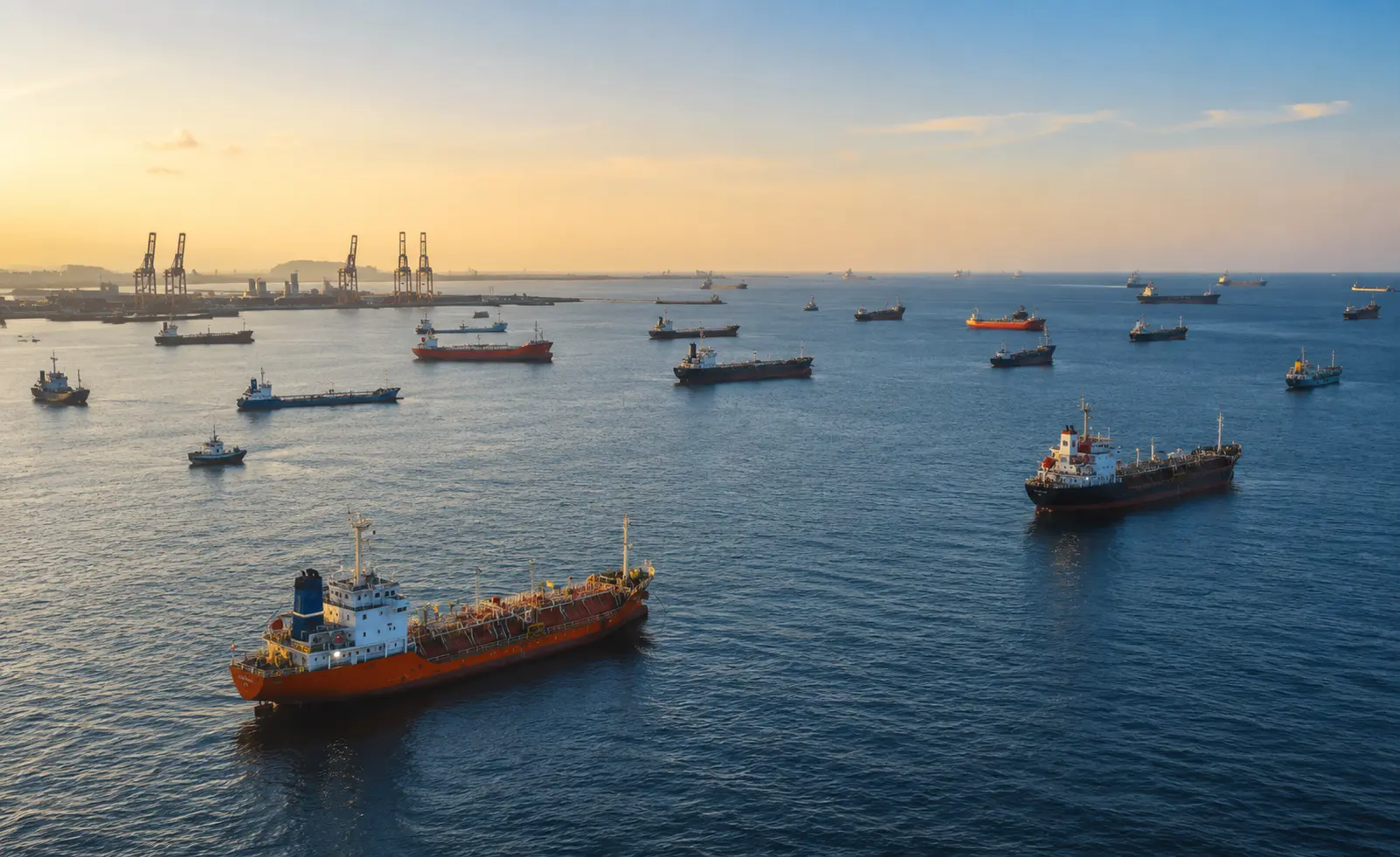 Commercial ships waiting offshore before controlled passage through a high-risk maritime corridor