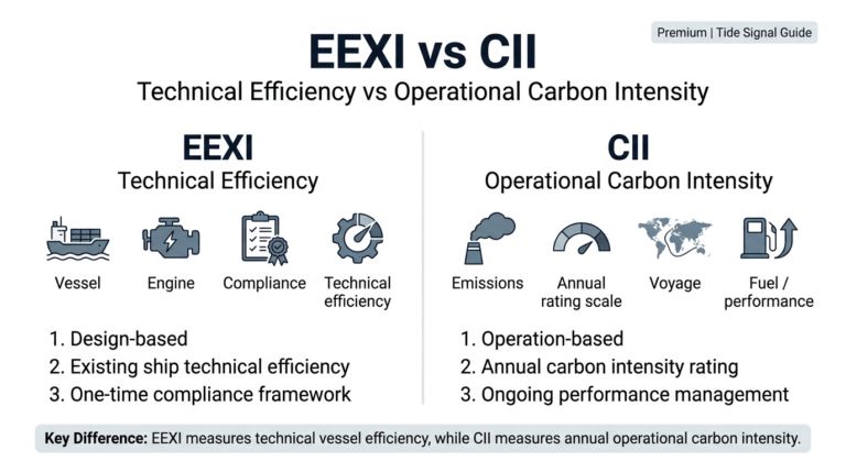 EEXI vs CII infographic comparing technical efficiency and operational carbon intensity