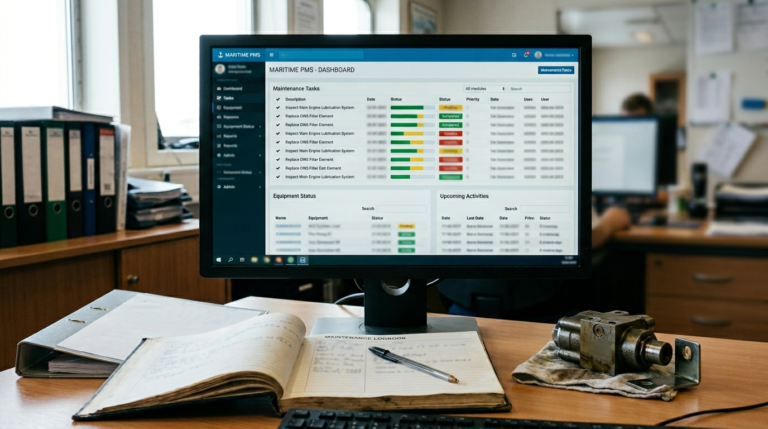 Planned maintenance system screen showing vessel equipment tasks and maintenance records