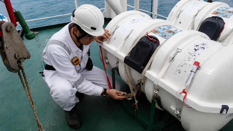 Crew member checking lifeboat equipment before a Port State Control inspection