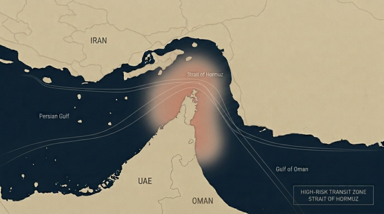 Map-style view of the Strait of Hormuz with a highlighted high-risk transit zone