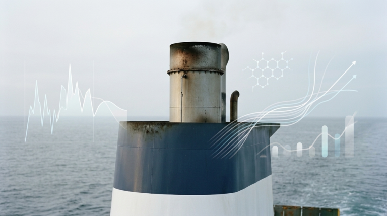 Ship funnel emissions illustrating carbon exposure and financial risk in shipping finance