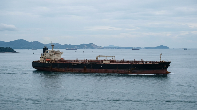 Oil tanker sailing near a strategic energy shipping route as tanker markets watch Hormuz risk and oil flow uncertainty.