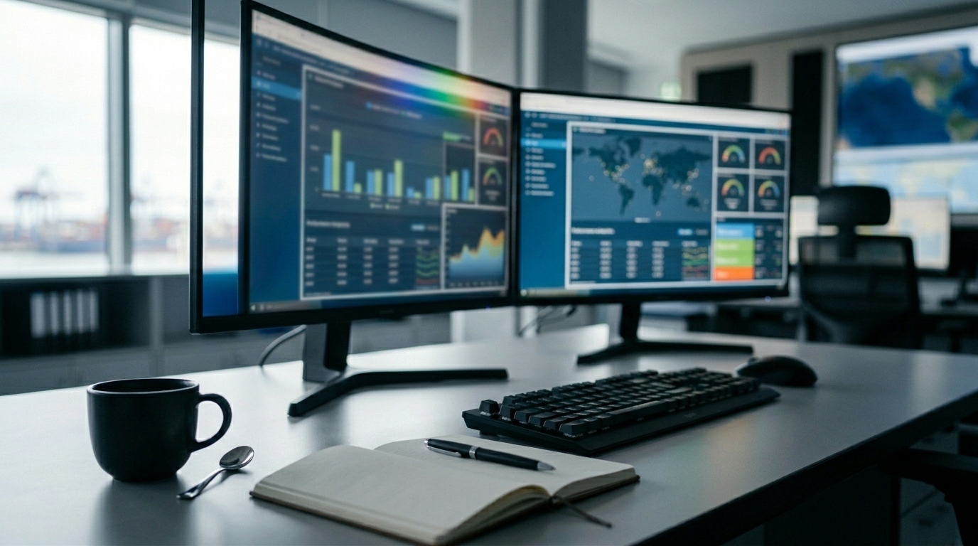 Maritime operations workstation showing fleet performance data and AI decision support