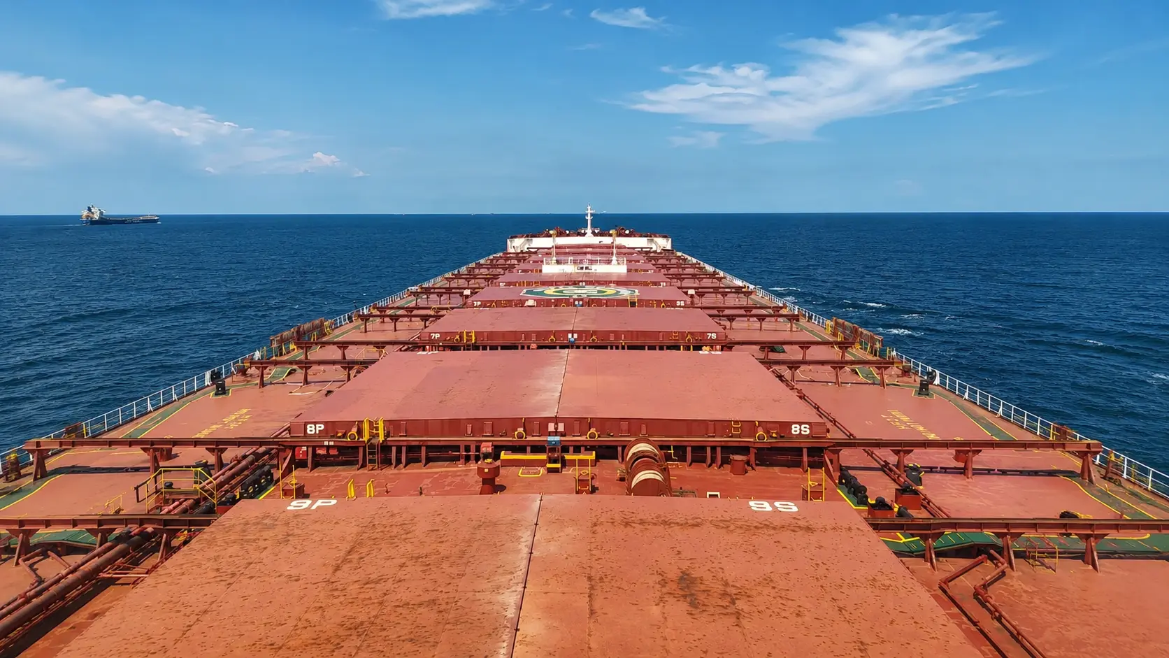 Bulk carrier cargo holds seen from deck during pre-stowage planning