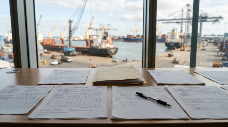 Shipping operations desk with voyage documents overlooking a busy port