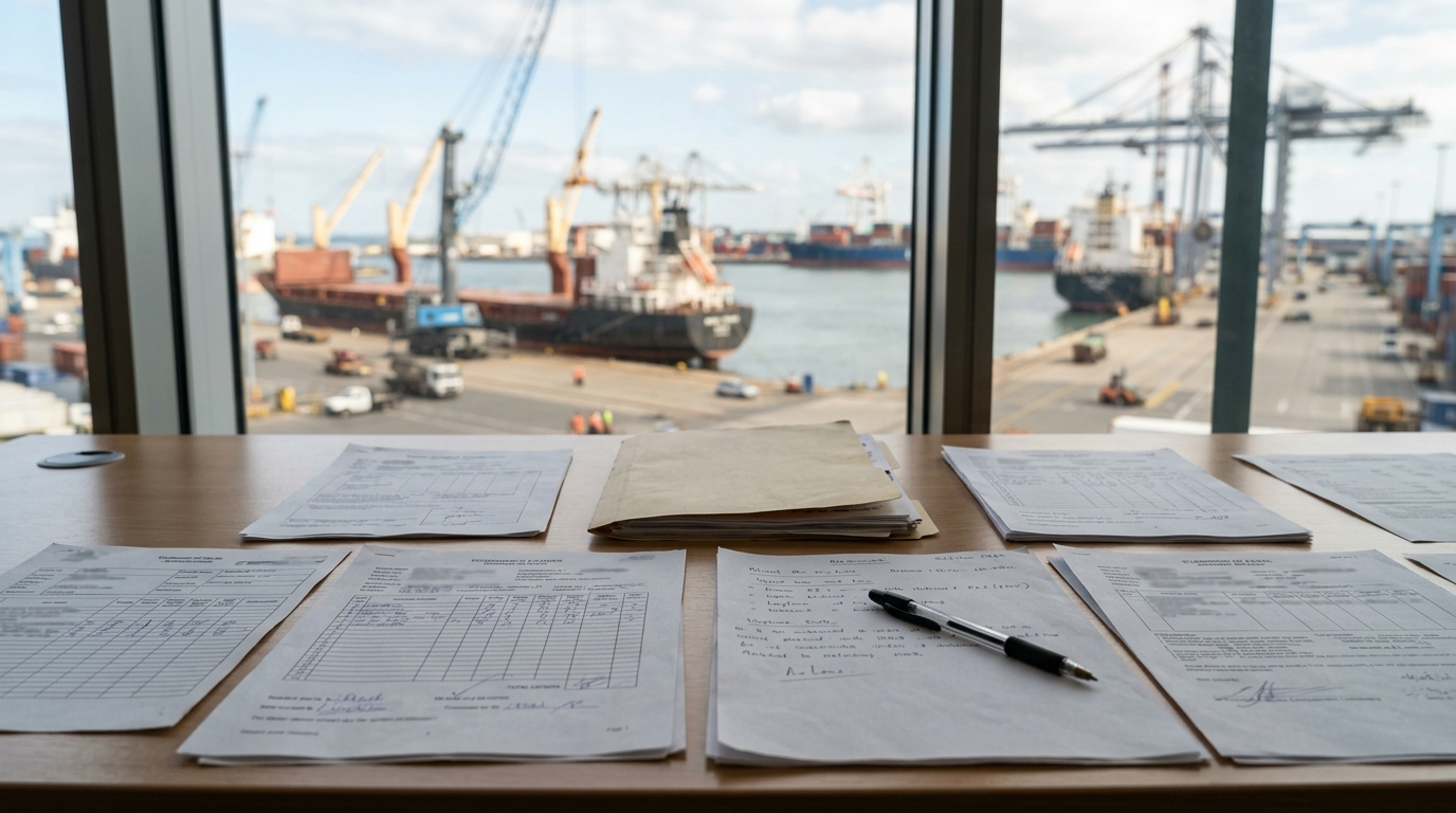 Shipping operations desk with voyage documents overlooking a busy port