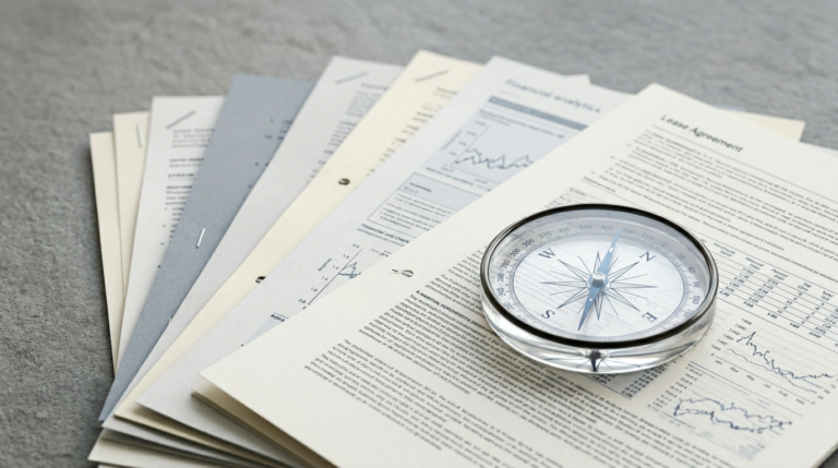Maritime finance documents and compass representing ship leasing and sale-and-leaseback decisions