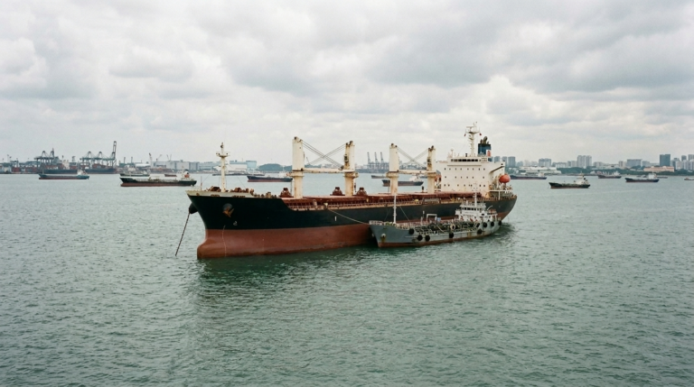 Bulk carrier receiving bunkers from a service barge at anchorage