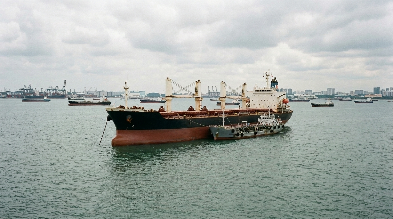 Bulk carrier receiving bunkers from a service barge at anchorage