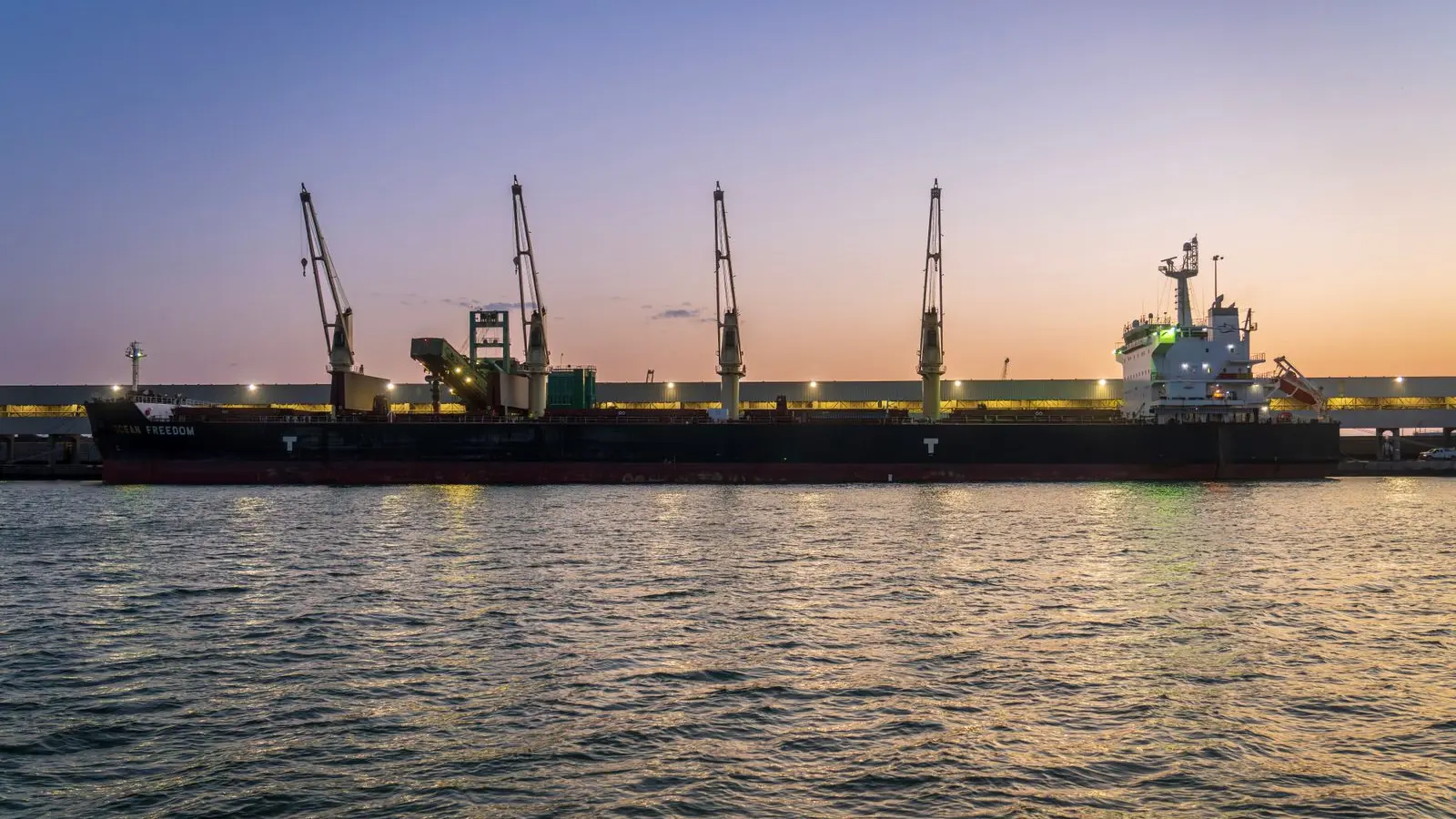 Geared bulk carrier alongside a cargo terminal during port operations