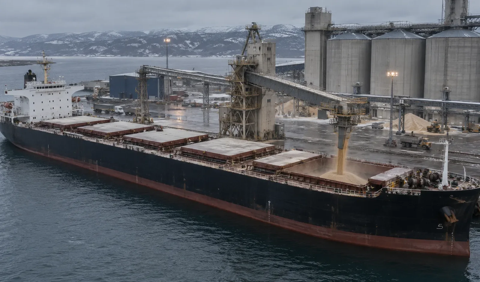 Bulk carrier loading grain at a northern port as Russia grain exports shift toward Baltic and Arctic terminals