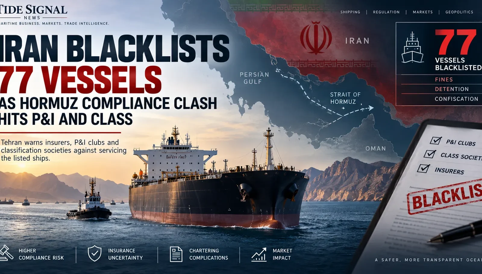 Iran vessel blacklist of 77 ships raises P&I insurance, classification and compliance risk in the Strait of Hormuz