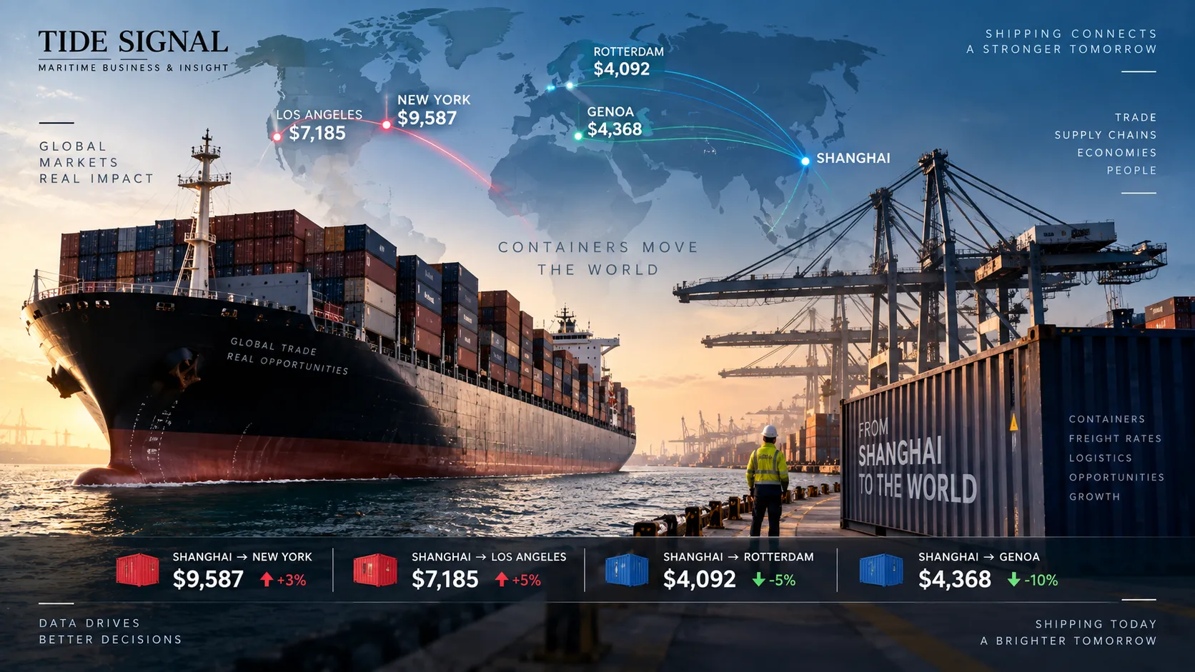 Container shipping rates 2026 with Shanghai routes to New York, Los Angeles, Rotterdam and Genoa