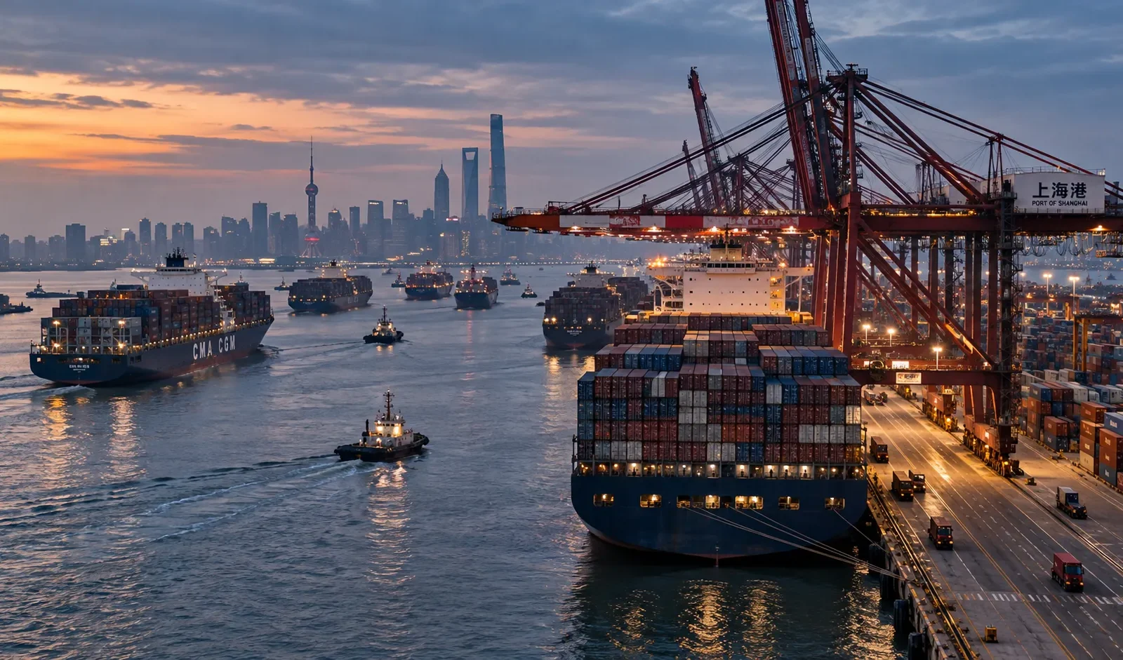 Asia port congestion 2026 with container ships and cranes at Shanghai as schedule reliability falls