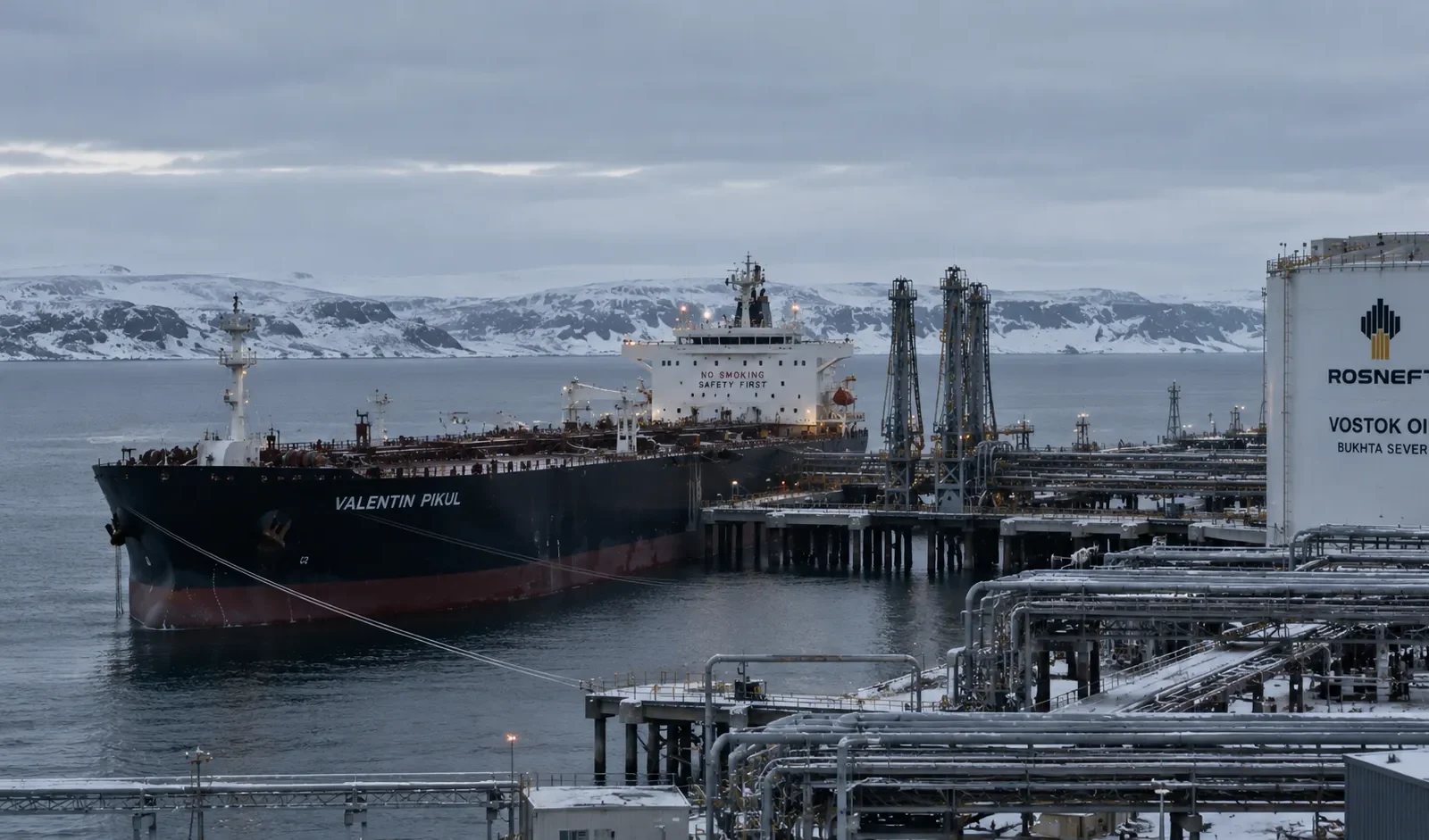 Vostok Oil first cargo loading at the Bukhta Sever Arctic terminal on an ice-class tanker