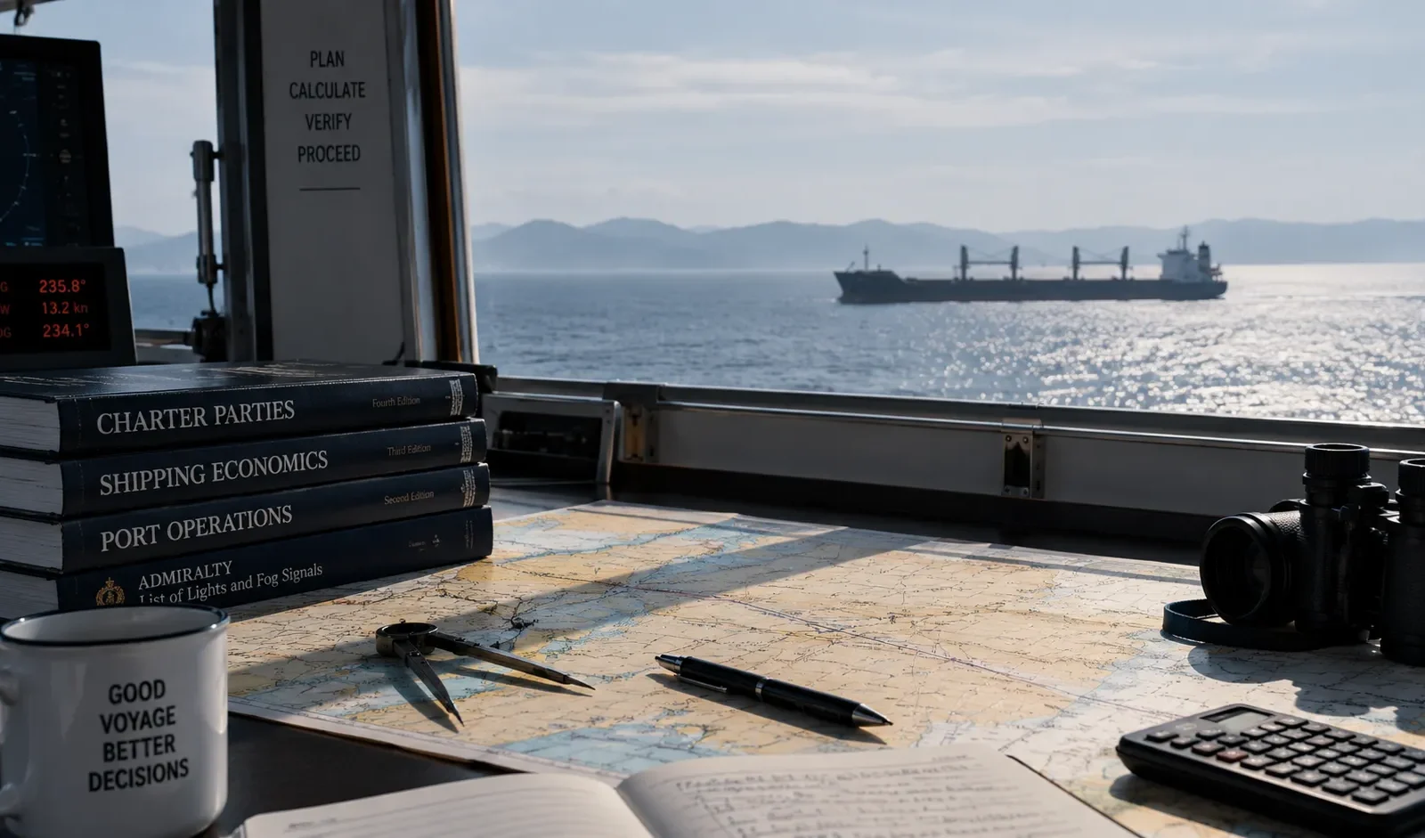 Voyage estimation in shipping using nautical charts, chartering references and commercial voyage calculations