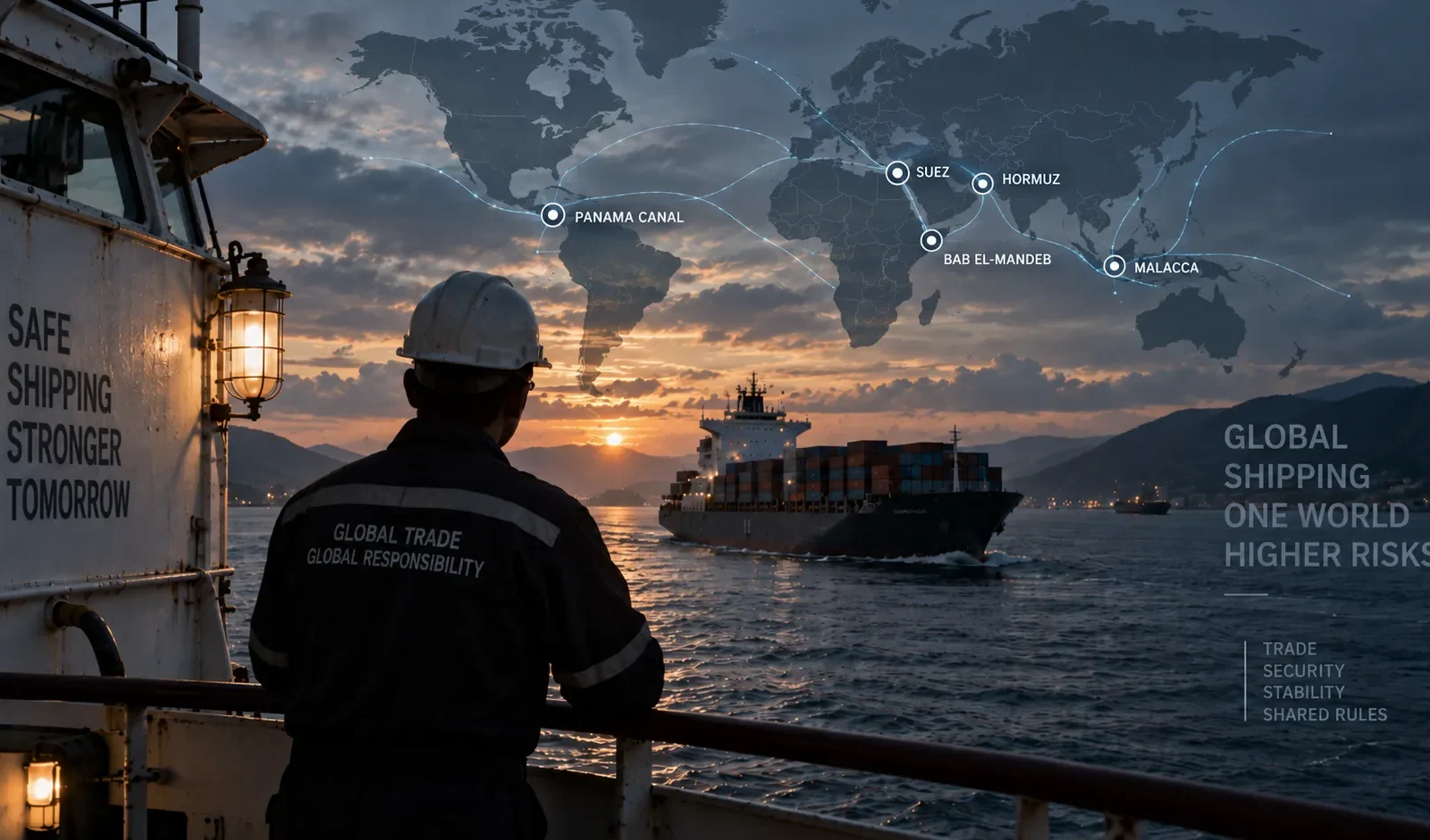 Global shipping routes and major maritime chokepoints including Panama, Suez, Bab el-Mandeb, Hormuz and Malacca