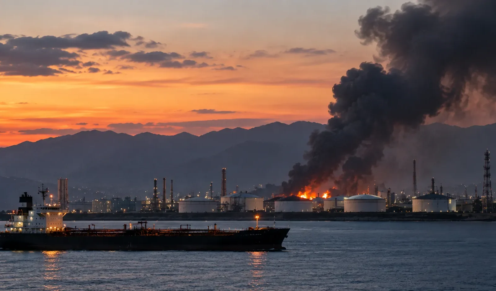 Tanker near a coastal energy facility during a fire, illustrating Red Sea shipping and Saudi energy security risks