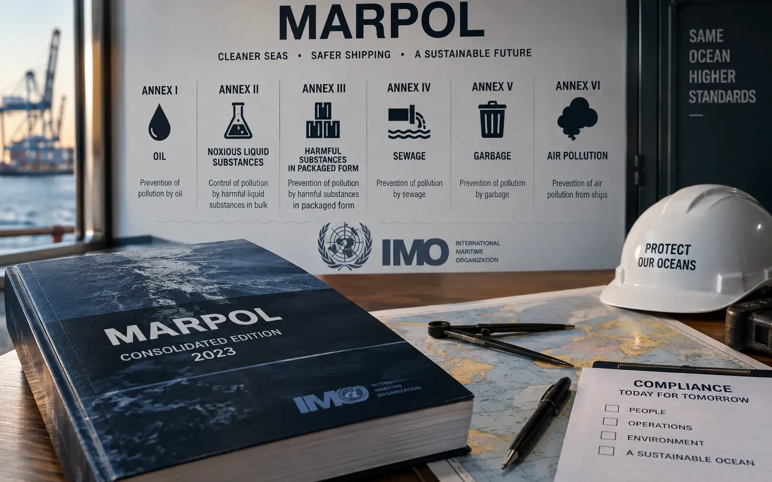 MARPOL annexes explained with Annex I to VI covering oil, chemicals, packaged substances, sewage, garbage and air pollution
