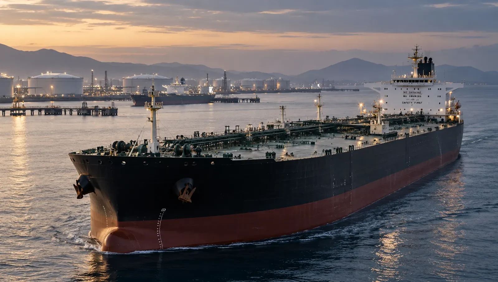 VLCC tanker near an oil terminal as secondhand VLCC asset values rise above newbuilding prices