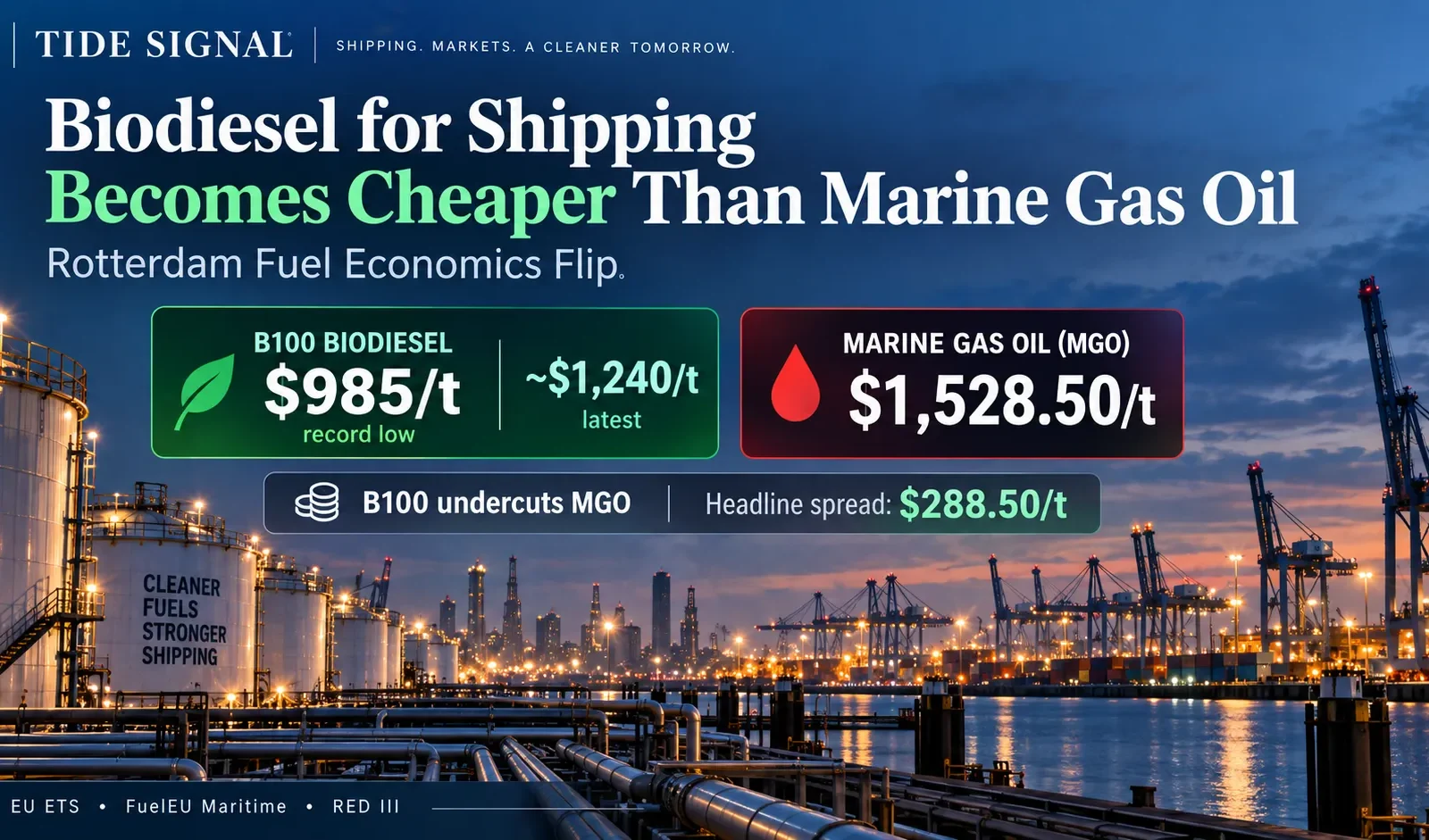 Biodiesel vs marine gas oil prices in Rotterdam with B100 at $985 per tonne and MGO at $1,528.50 per tonne