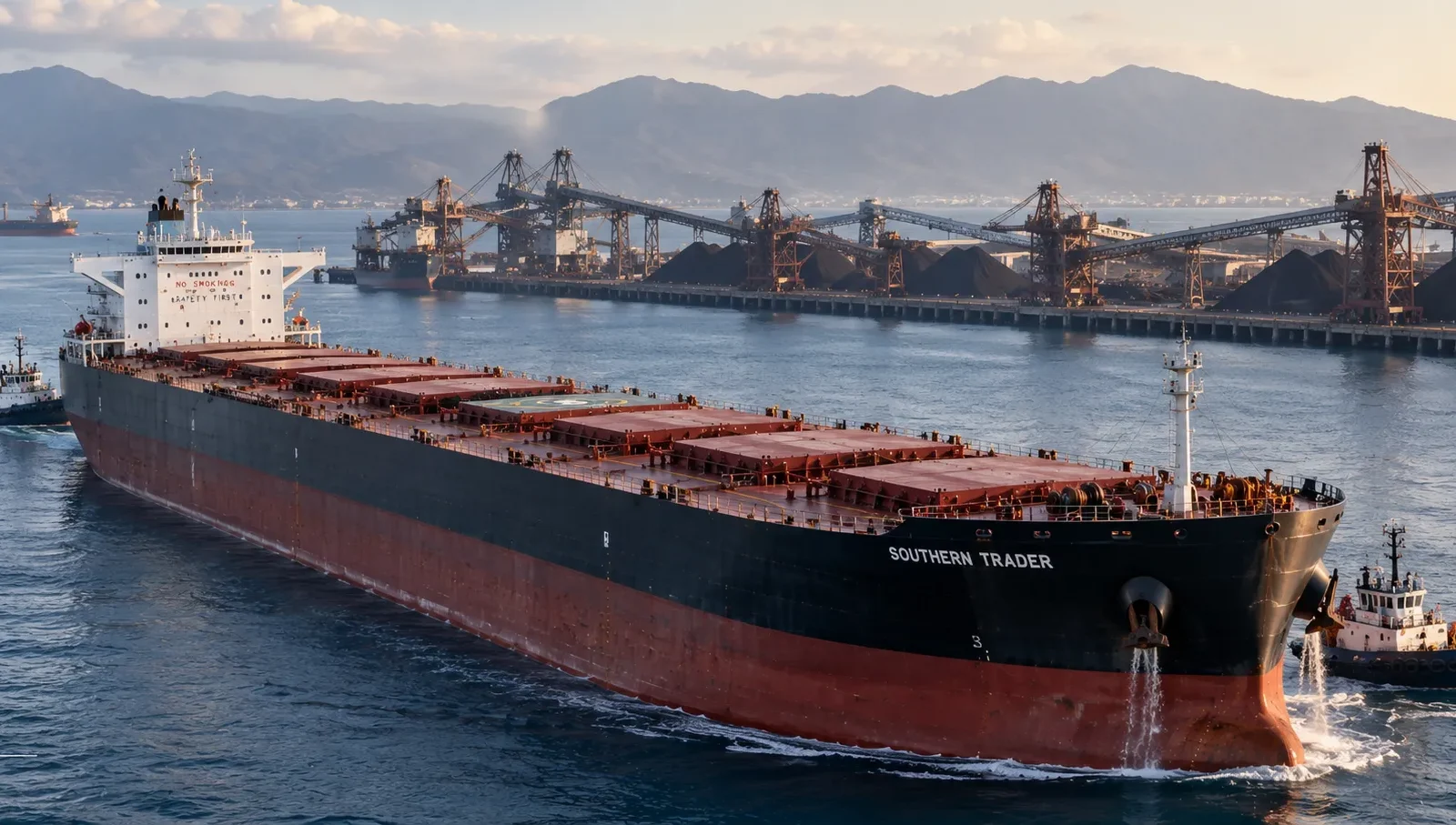 Dry bulk carrier underway near an industrial bulk terminal as longer voyages and slower speeds tighten effective fleet capacity