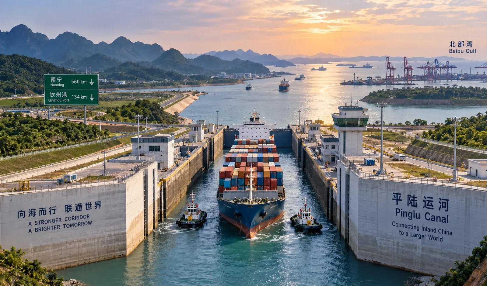 Pinglu Canal lock complex in Guangxi with a cargo vessel transiting toward the Beibu Gulf and ASEAN shipping routes