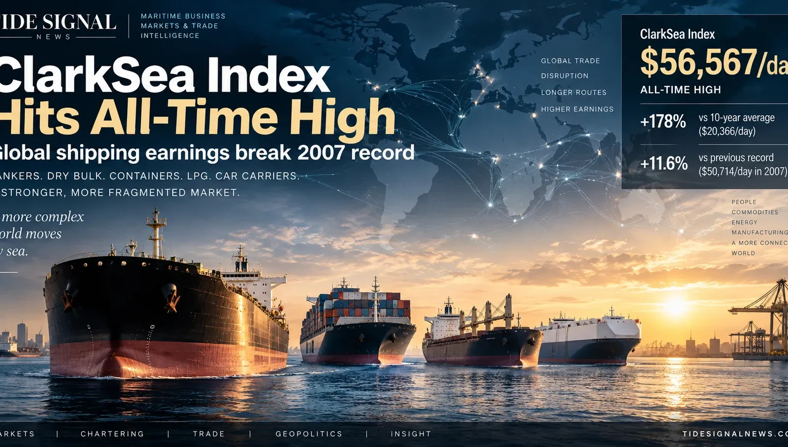 ClarkSea Index reaches an all-time high as global shipping earnings surge across tankers, dry bulk, containers, LPG and car carriers