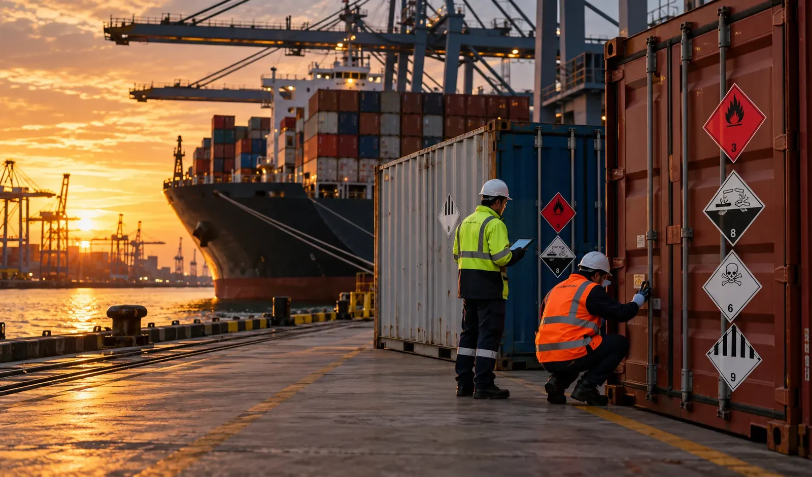 SOLAS Chapter VII dangerous goods containers with IMDG hazard placards being inspected at a container terminal