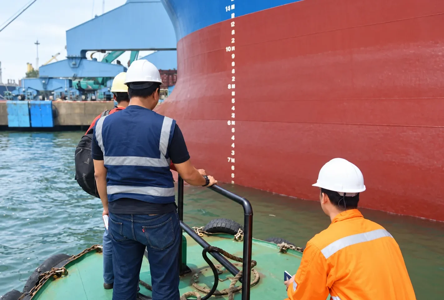 Marine surveyors checking ship draft marks from a small boat during a draft survey in port