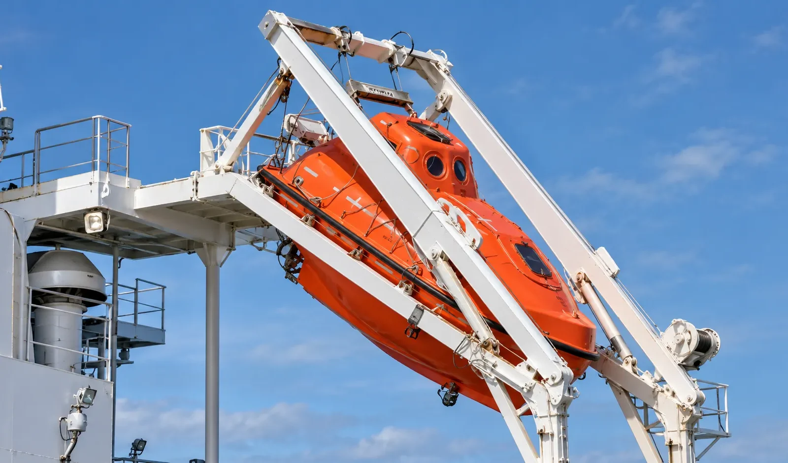 Free-fall lifeboat on a merchant ship illustrating SOLAS Chapter III life-saving appliance requirements