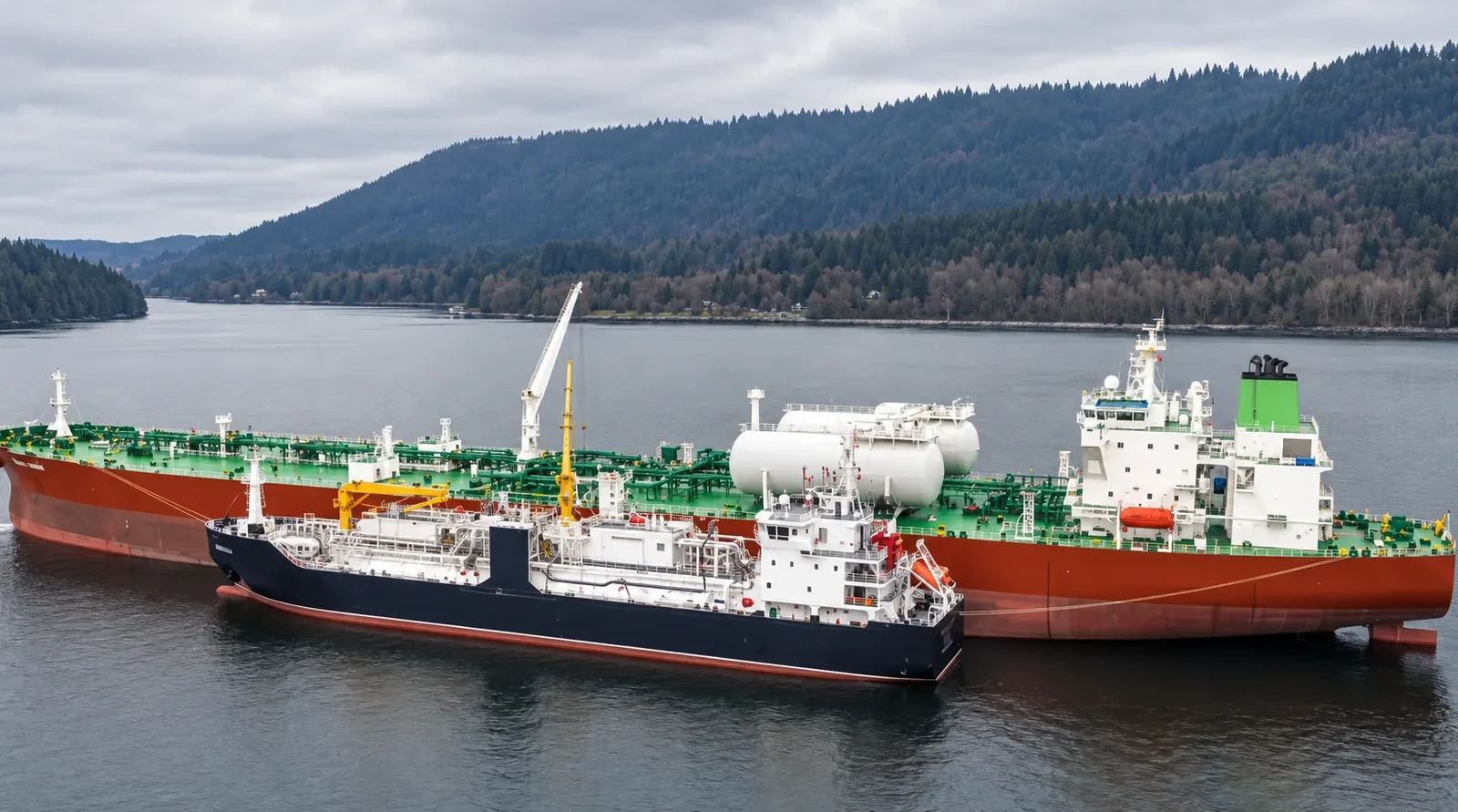 LNG bunker vessel supplying a larger LNG-fuelled ship during ship-to-ship bunkering