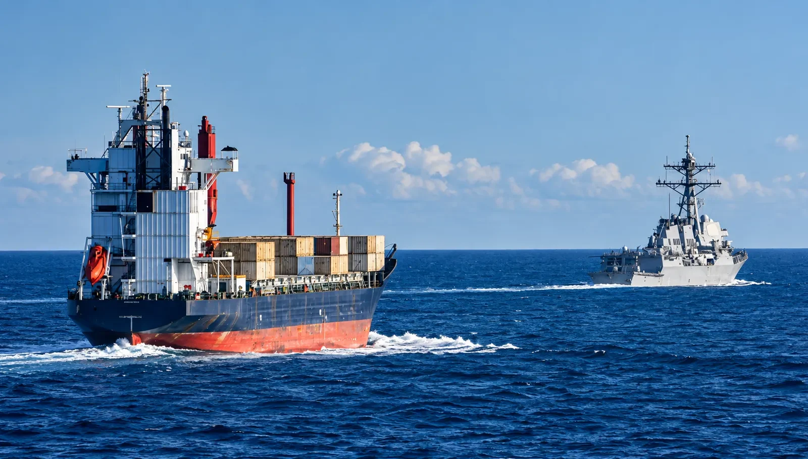 Merchant vessel escorted by a naval warship amid Strait of Hormuz shipping security tensions