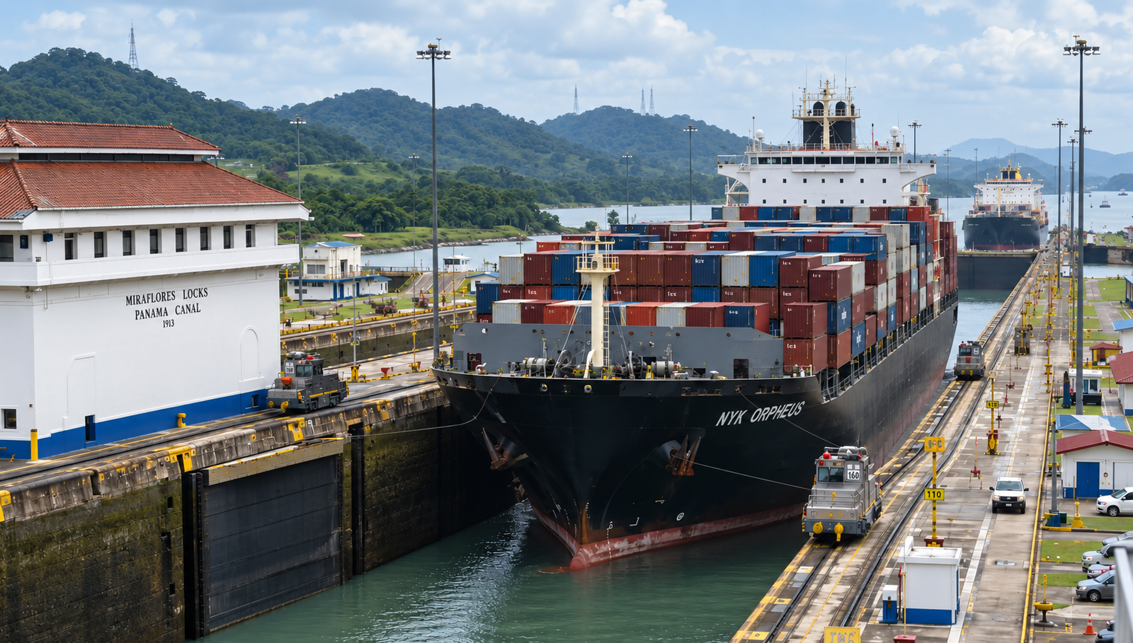 Container ship transiting the Panama Canal at Miraflores Locks during ongoing 2026 transit restrictions