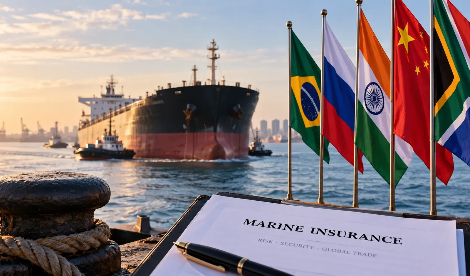 BRICS flags beside a commercial tanker and marine insurance documents, illustrating reinsurance, P&I cover and global shipping risk