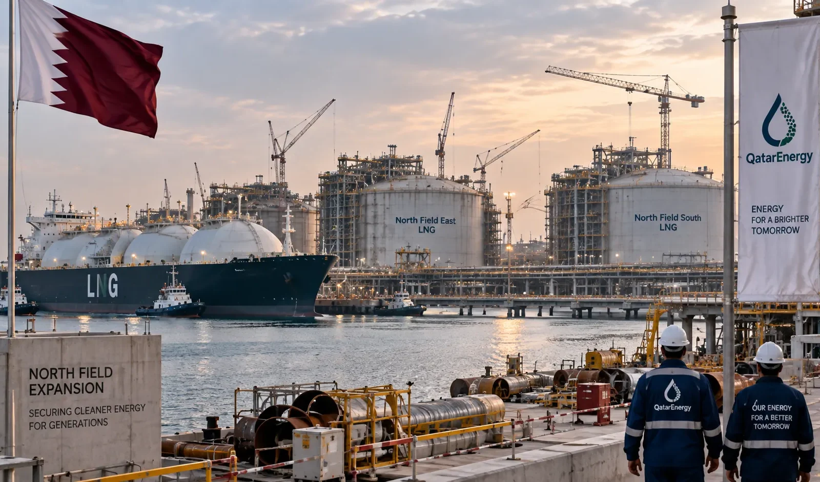 QatarEnergy North Field expansion at Ras Laffan with LNG carrier and new liquefaction infrastructure under development