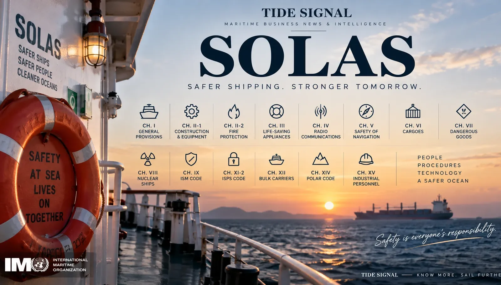 SOLAS Convention explained with ship safety chapters covering construction, fire protection, lifesaving, GMDSS, navigation, cargo and maritime security