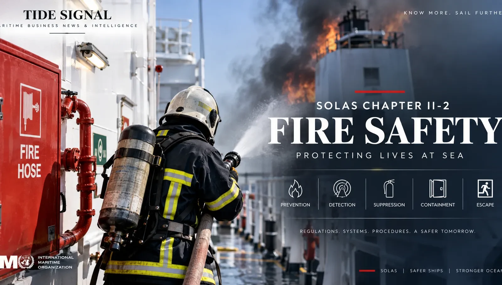 SOLAS Chapter II-2 fire safety onboard ship with firefighter, fire hose, detection, containment and firefighting systems