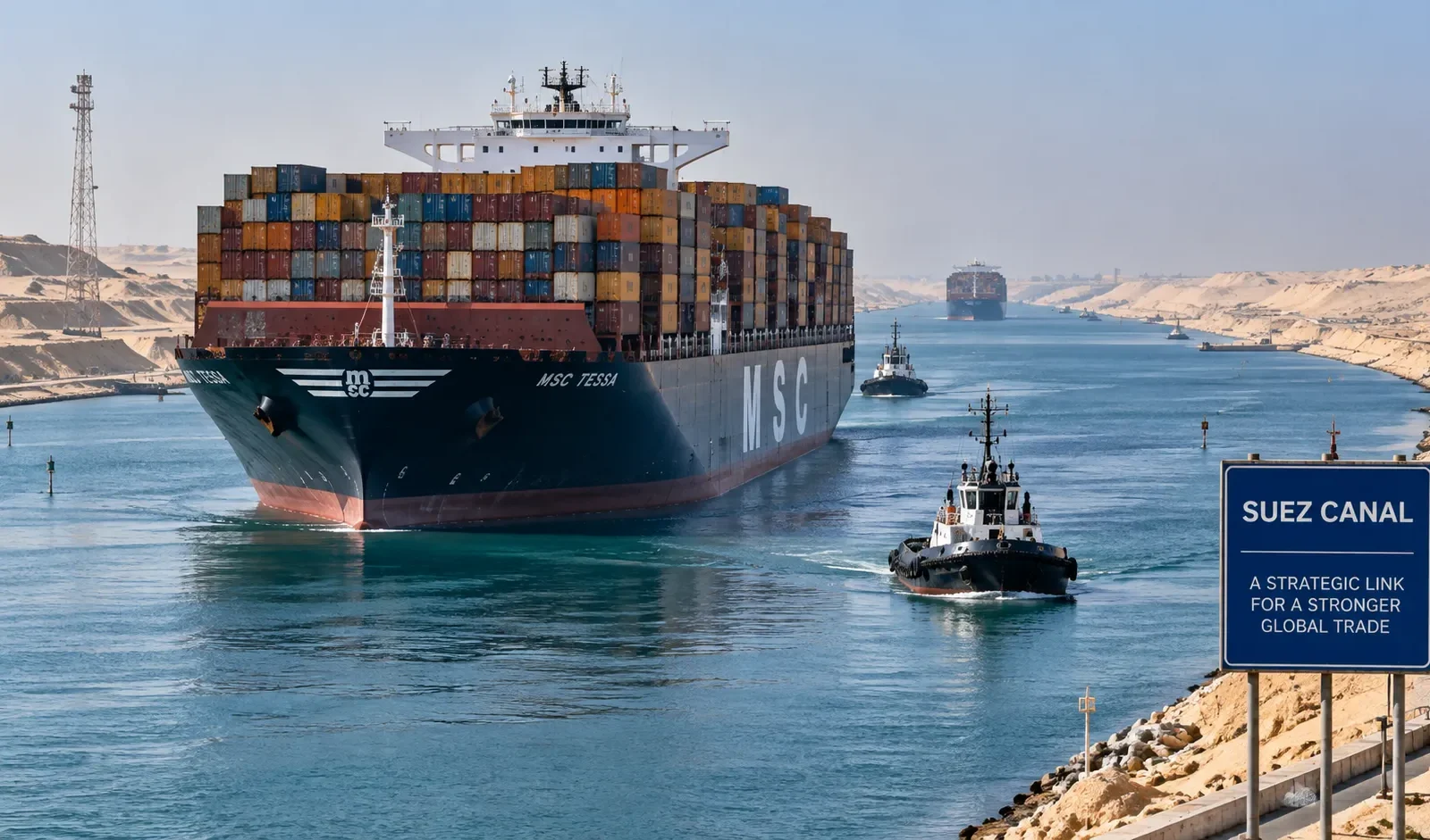 Container ship transiting the Suez Canal as Asia Europe services return and port congestion risks increase
