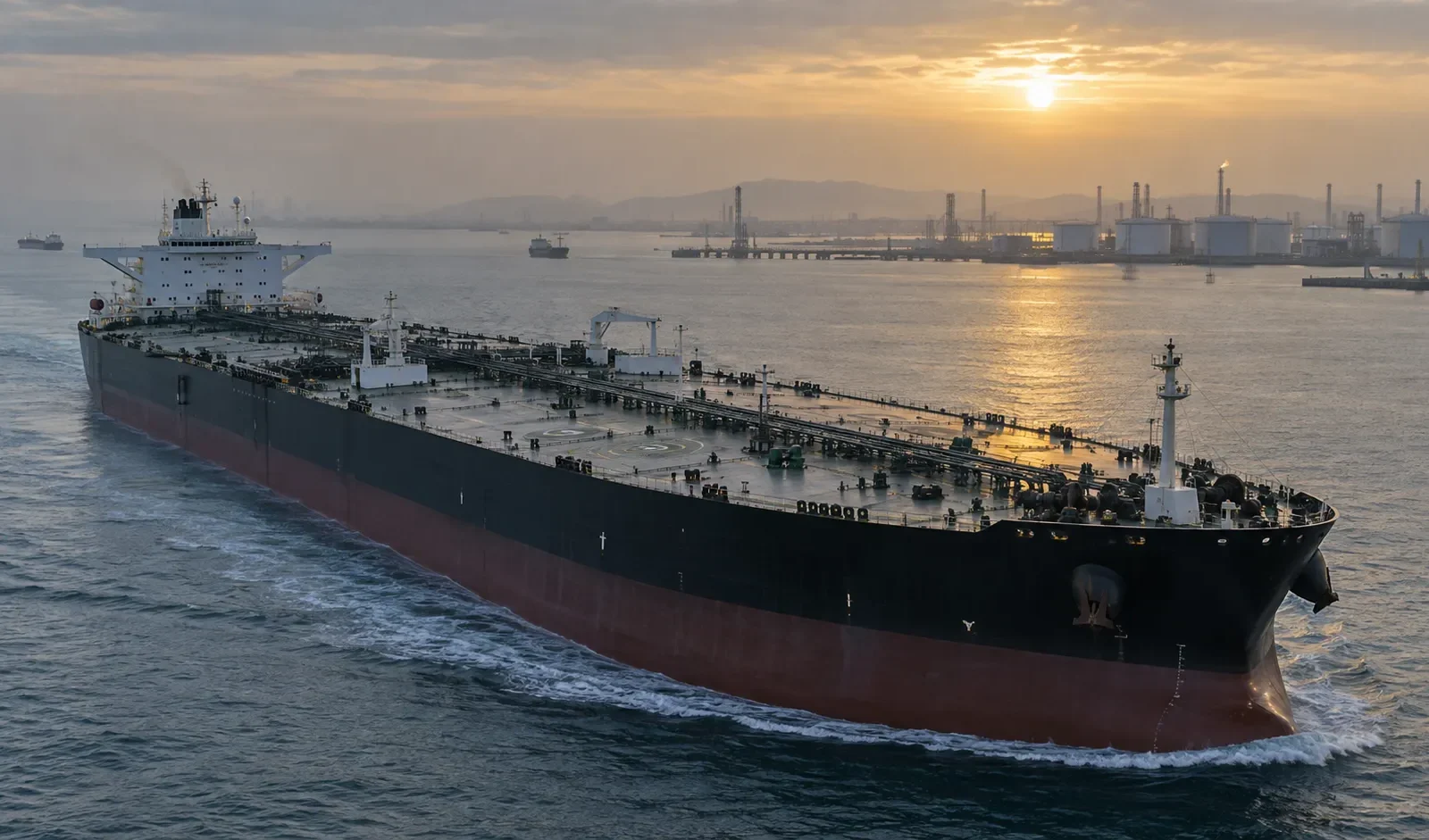 VLCC tanker sailing near an oil terminal as time charter rates rise and spot tanker earnings remain at historic highs