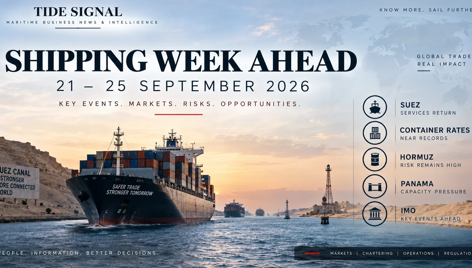 Shipping week ahead September 21–25 2026 covering Suez Canal services, container rates, Hormuz risk, Panama Canal pressure and IMO events