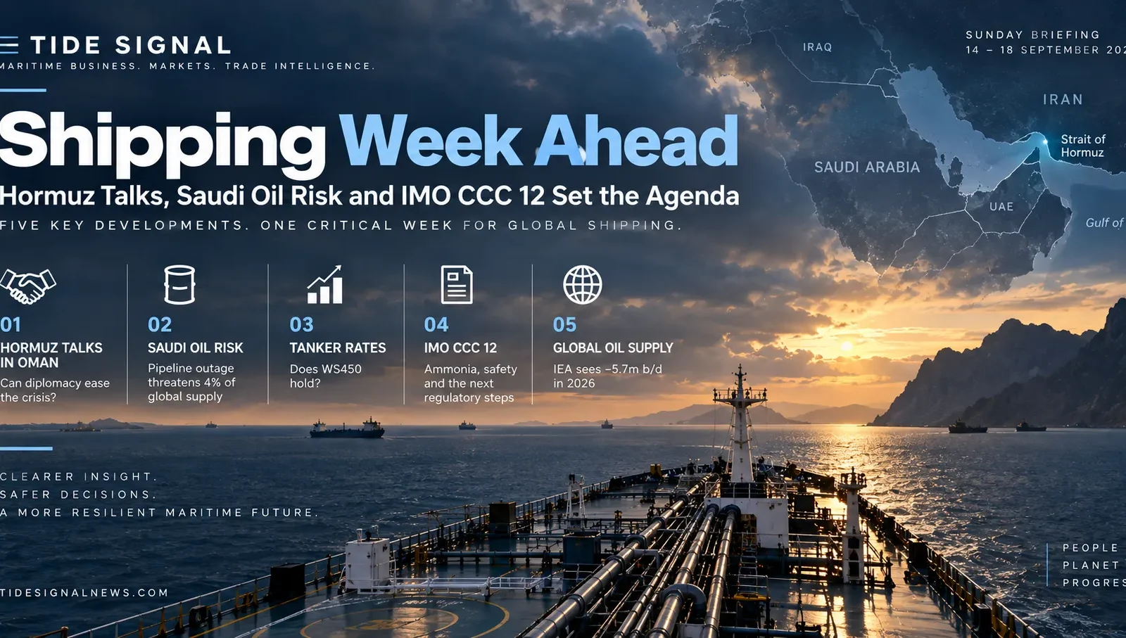Shipping Week Ahead briefing on Hormuz talks, Saudi oil risk, tanker rates and IMO CCC 12